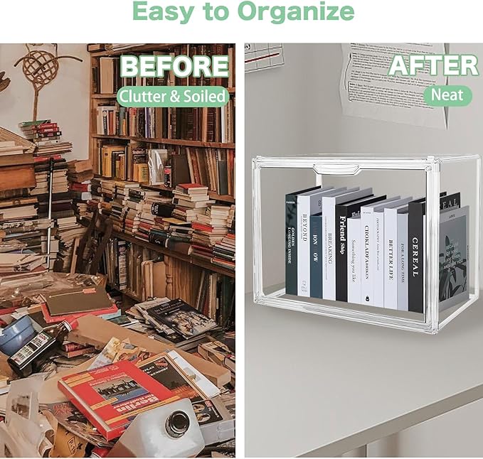 2 PACK Clear Book Storage Organizer Stackable Acrylic Book Display Box with Magnetic Door for Bookshelf Easy Assemble Bookcase Containers Display case for Comics Toys Handbags Shoes Purses