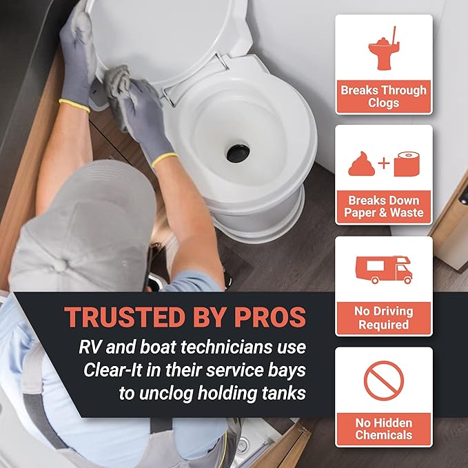 Unique Clear-It RV Black Tank Unclogger Liquid - Breaks Through Pyramid Plugs, Compacted Tanks, and Clogged Pipes (32 oz)