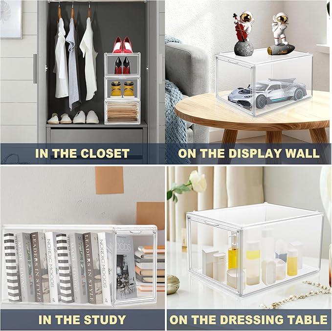 Size 12 Clear Shoe Boxes with Acrylic Magnetic Front Door Plastic Stackable Shoe Organier for Sneaker & Boots Collection, Space-Saving Shoe Storage for Closet Entryway, Bedroom