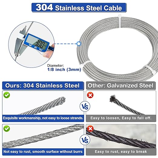 TooTaci 1/8 Stainless Steel Cable, 50ft 1/8 Steel Wire Rope Heavy Duty with M6 Turnbuckle for Cables Wire, 7×7 Strands Aircraft Cable for Deck Railing, Fences, Anti Sag Gate Kit