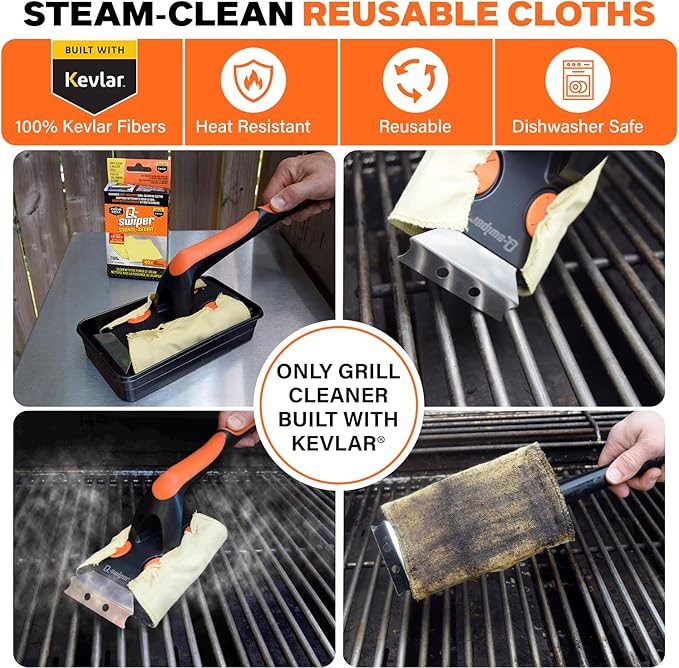 Q-Swiper XL Steam-Clean BBQ Grill Cleaner Set - 1 Long Grill Brush with Scraper, 2 Heat Resistant Kevlar® Steam Clean Cloths, 1 Tray | Bristle Free | Safe Way to Steam away Grill Grease & Grime