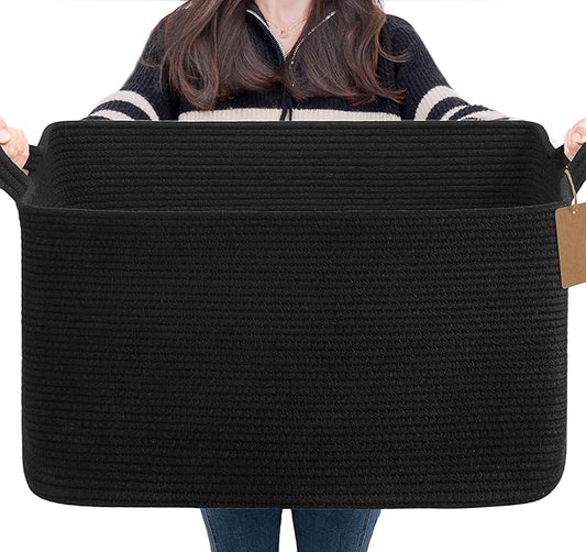 Goodpick Woven Storage Baskets for Organizing 22”x17”x12” Large Blanket Basket for Living Room Bedroom, Rectangle Nursery Baby Toy Storage Basket for Kids Boys, Black