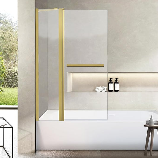 Bathroom Pivot Tub Glass Door 36" W*55" H, Folding Bathtub Shower Door Screen with Tempered Glass, Frameless Glass Shower Door with Handle and Support Rod in Brushed Gold