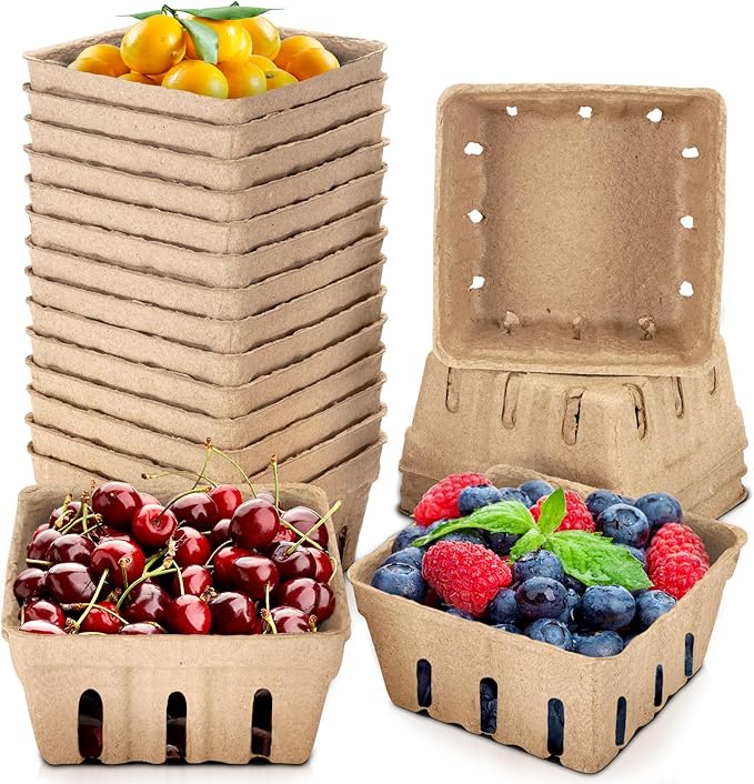 20 Pack Natural Pulp Fiber Berry Basket,Small Molded Produce Vented Basket Kitchen Supplies for Strawberry Blueberry Raspberry, Fruit Tray for Fruit Vegetable Farmer Market Grocery(1Pint)