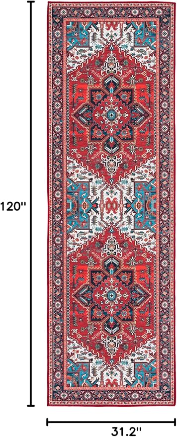 SAFAVIEH Washable Rug Tucson Collection - 2'6' x 10' Runner, Red & Blue, Slip Resistant & Easy to Clean, Ideal for Living Room, Bedroom, Dining Space (TSN101Q)
