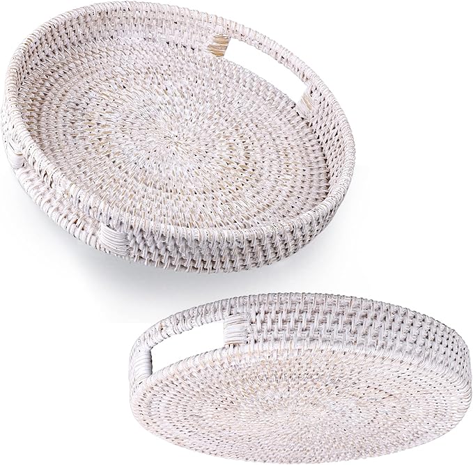 Hipiwe 10.4" Round Rattan Serving Tray with Handles - Handwoven Wicker Basket Storage Tray - Coffee Table Centerpiece - Home Decorative Basket - Whitewash