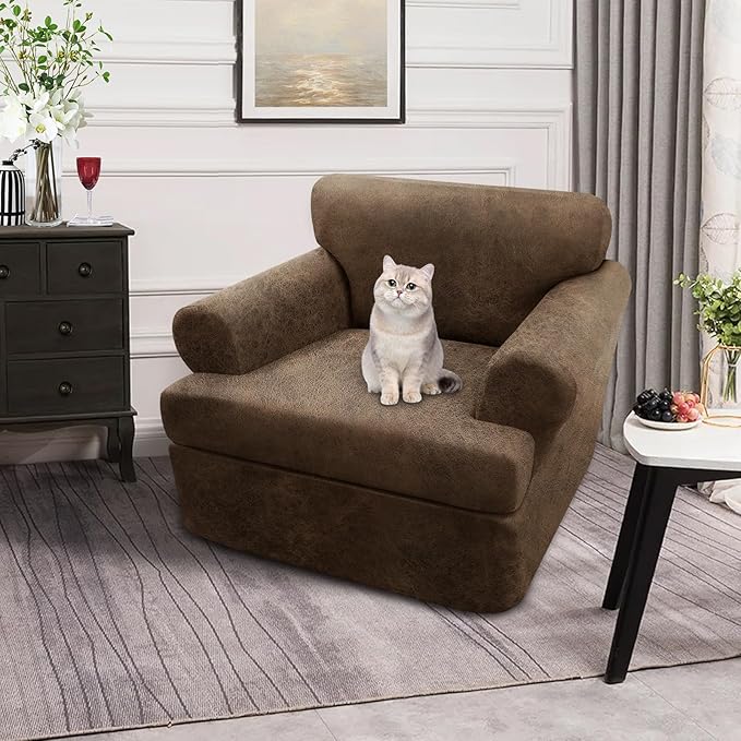 2-Pieces T Cushion Armchair Slipcovers Leather Look Couch Cover Chair Covers Stretch Furniture Protector Sofa Cover with 1 Individual T Cushion Seat Cover Slipcover Sets Washable, Light Brown