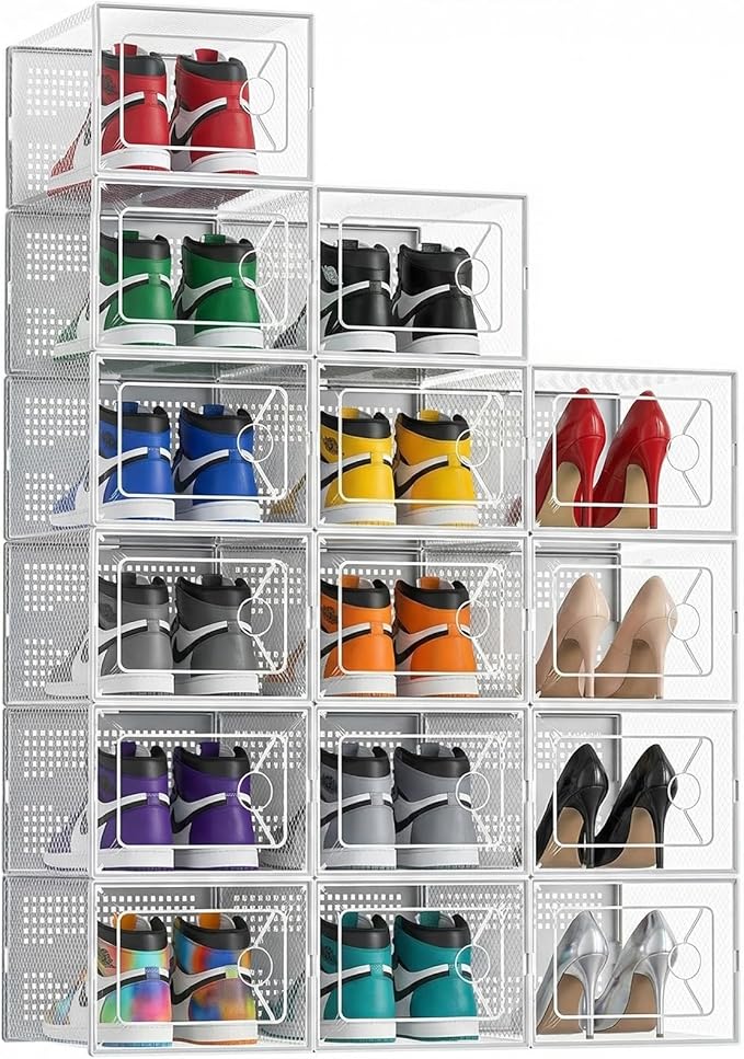 DUMOS Stackable Shoe Storage Boxes, 15-Pack Plastic Shoe Organizers with Lids, Large Shoe Rack & Holder for Closet, Under Bed, Entryway, Sneaker Display and Storage Containers, White
