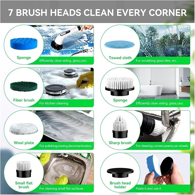 Electric Cleaning Brush Cordless Handheld Shower Scrubber Spin Cleaner Multifunctional Cleaner with 7PCS Heads Bathroom Kitchen(Gray and White)