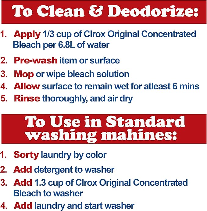 Clorox Bleach Cleaner, 2 Pack Original Concentrated Bleach, Easy Pour Bottle with Handle, Moldand Mildew Remover, Removes Stains and Whitens, 43 oz Each