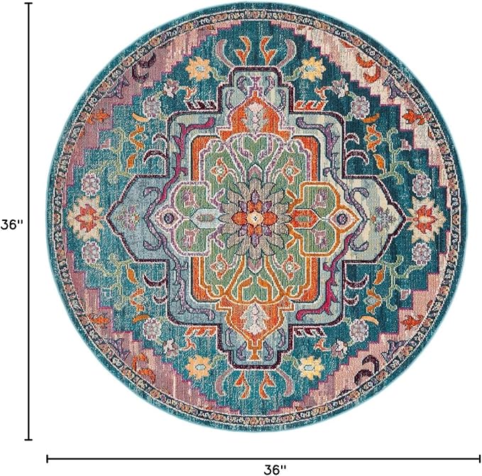 SAFAVIEH Crystal Collection Area Rug - 3' Round, Teal & Rose, Medallion Distressed Design, Non-Shedding & Easy Care, Ideal for High Traffic Areas in Living Room, Bedroom (CRS501T)