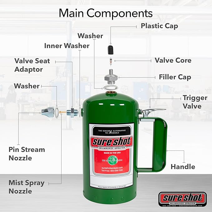 SURE SHOT A1000G 1-Quart Non Aerosol Sprayer - Refillable Pressurized Sprayer Can for Oil, Solvent, Degreasers, Lubricants - Rechargeable Steel Canister with Brass Nozzles - Made in The USA - 32oz.