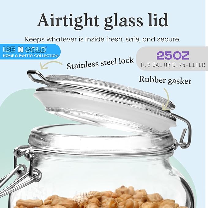 Airtight Glass Storage Jars with Clamp Lid – Food Storage Containers with Rubber Gasket Seal – Pantry & Kitchen Canisters for Dry Goods, Coffee, Sugar, Pasta – 0.4L to 4L Sizes (6, 25oz | 0.75L)
