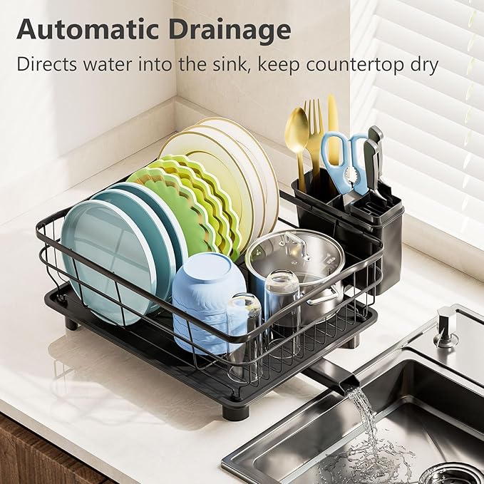 Iron Dish Drying Rack Auto Drain Dish Drainers Kitchen Counter Strainer with Draining Tray, All Black