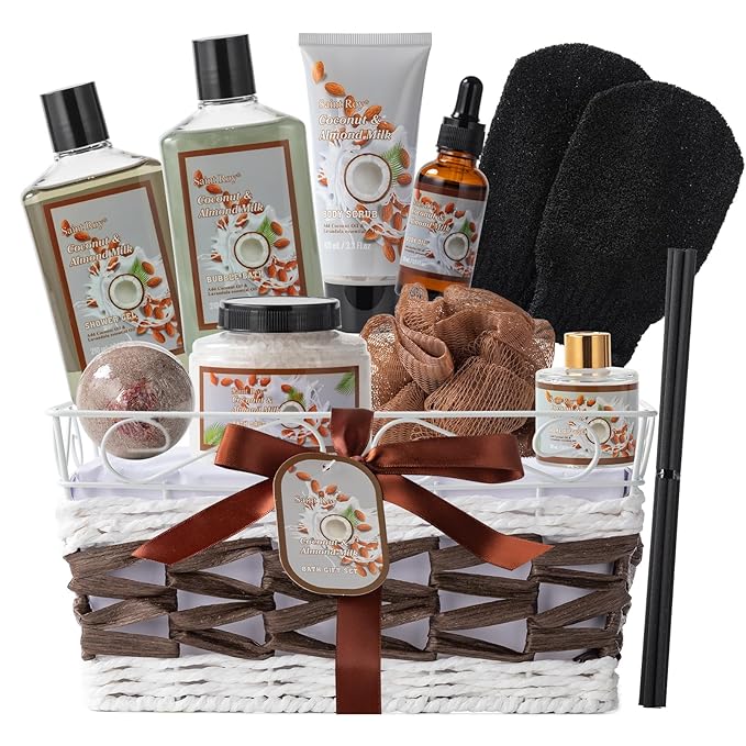 Valentines Day Gifts Coconut Almond spa kit, Bath and Body Gift Basket for Women & Men Spa Gift Basket,16 Pcs Bath Gift Set With Fragrant Lotion, Home Spa Luxurious Body Oil, Diffuser & More