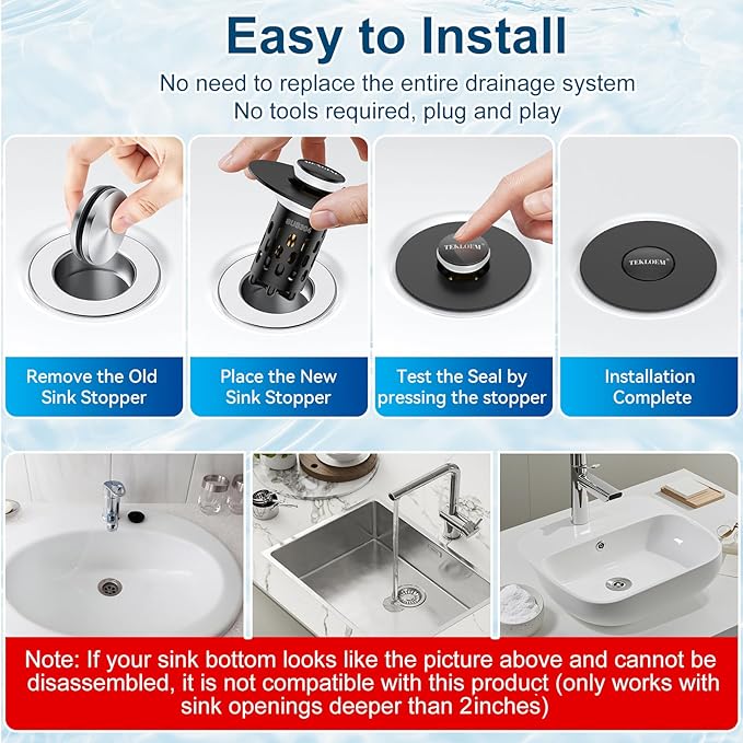 Bathroom Sink Stopper,All Metal Pop-Up Sink Drain Strainer with Removable Stainless Steel Filter Basket, Universal Bathroom Hair Catcher Fit for 1.1-2.36'' Drain (Black, 1 Pack)