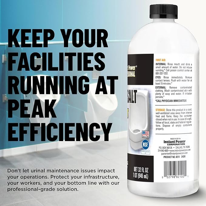 Instant Power Professional Urinal Salt Remover - Helps with Uric Salt Buildup, Dissolves Urine Salt, Urinal Drain Cleaner for Regular and Waterless Urinals, Safe on all Toilet Pipes - 32 fl oz