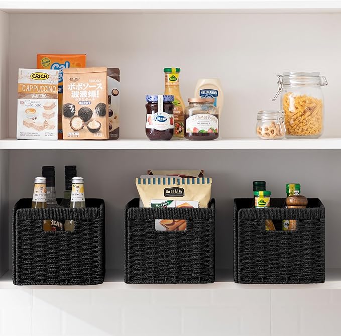 joybest Black Wicker Baskets, 13.4L x 8.3W x 7.1H inch Woven Paper Rope Storage Baskets for Organizing, Foldable Rectangular Bin with Handles for Pantry, 2-pack