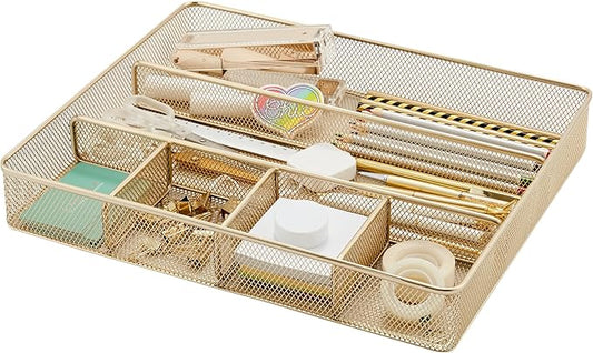 Annova Desk Top Organizer Tray for Office Organization - Metal Mesh - Storage Tray with Dividers for Pens, Desktop Accessories, Bathroom, Kitchen, Makeup and Office Supplies (Large, Gold)