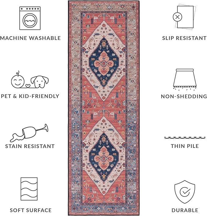 SAFAVIEH Washable Rug Tucson Collection - 2'6' x 6' Runner, Rust & Blue, Slip Resistant & Easy to Clean, Ideal for Hallway, Foyer, Entryway, Bedroom (TSN153P)