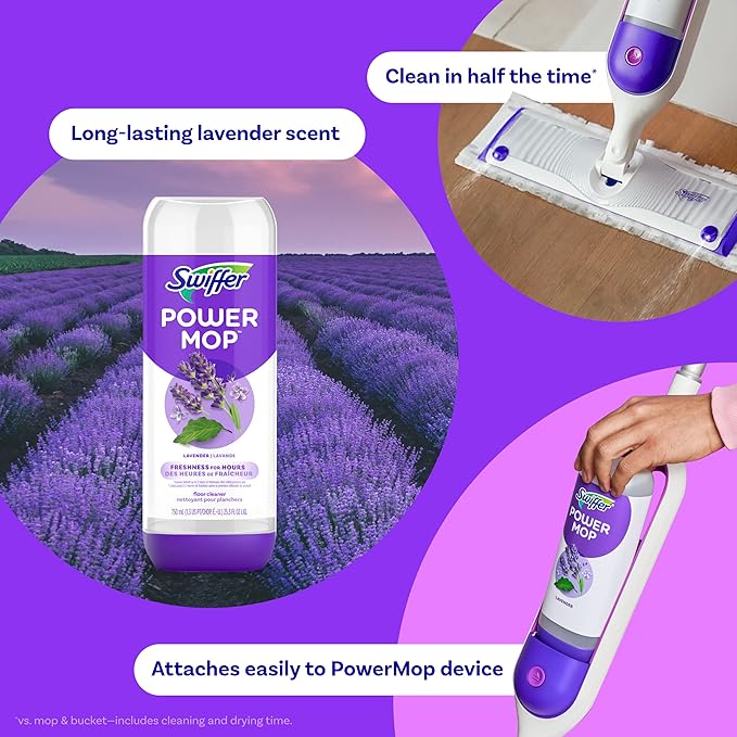 Swiffer Power Mop Refill Pack, Floor Cleaner for Mopping Tile, Vinyl, Laminate, Wood in Home, Bathroom, Kitchen, All Purpose Multi-Surface Cleaning, 5 Pads + 1 Lavender Solution (Pack of 2)