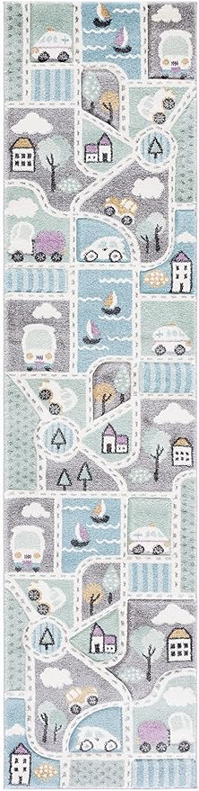 SAFAVIEH Carousel Kids Collection Area Rug - 2'3" x 12' Runner, Grey/Light Blue, Geometric Design, Ideal for High Traffic Areas in Living Room, Bedroom, Dining (CRK193F)