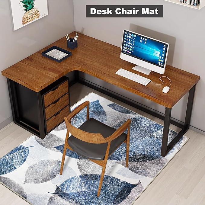 Office Chair Mat for Hardwood Floor & Low-Pile Carpet,60“*48”Highly Premium Quality Under Desk Mat, Desk Chair Mat for Carpet - 3.86lbs Anti-Slip Carpet Chair Mats Blue Leaf