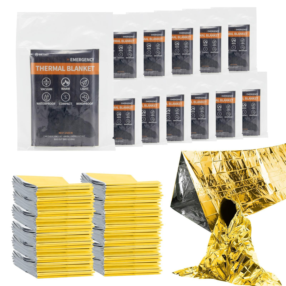 12-Pack Emergency Mylar Thermal Blankets, 82"x62" Space - Image 1