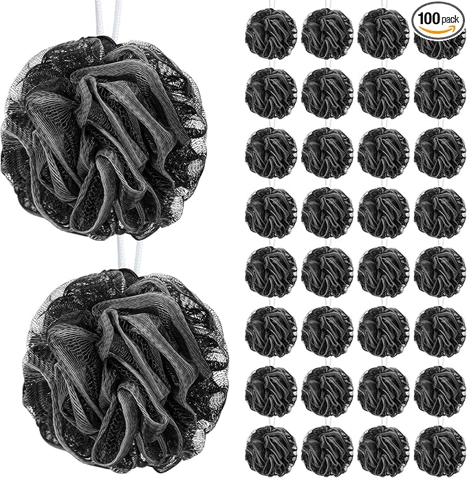 Sunnyray 100 Pcs Loofahs Bulk Bath Sponge Shower Luffas Exfoliating Body Scrubber Packs Soft Mesh Loofahs Balls Travel Cleaning Wash Puff Bathing Accessories for Women Men, 20g (Black)