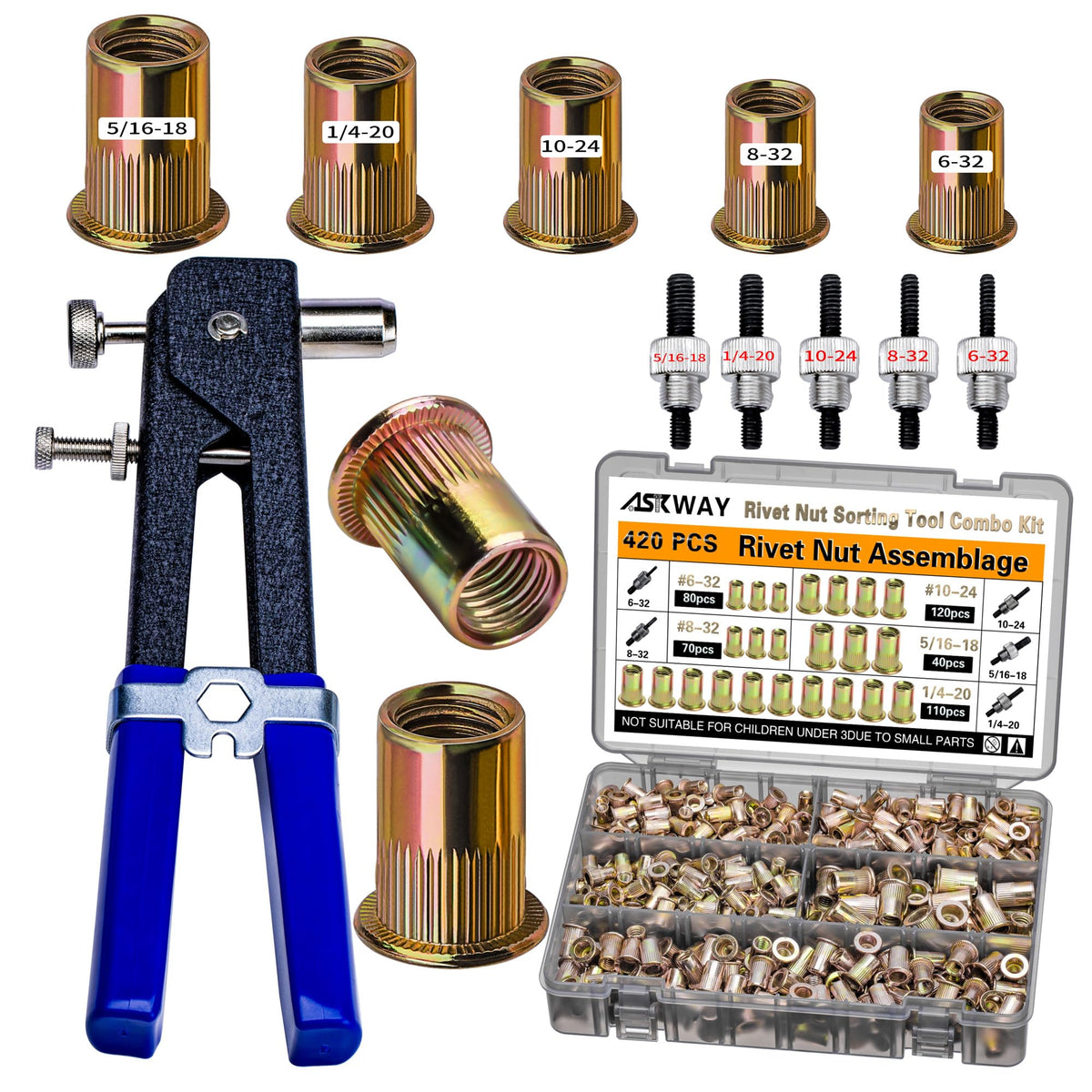 SAE Pressure Rivet Nut Tool Kit 420pcs, SAE Thread Rivet Nuts Kit - Image 1