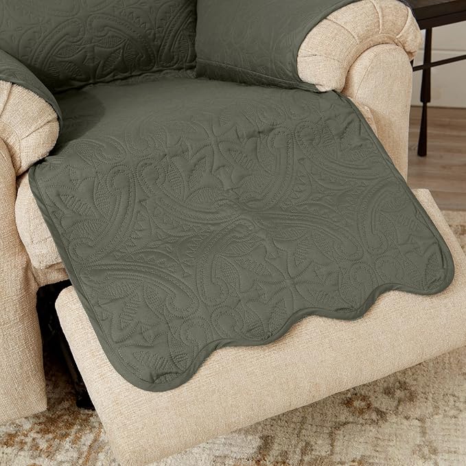 Reversible Recliner Chair Cover - Washable Slipcover Furniture Protector with Elastic Straps - Furniture Cover for Dogs, Kids, and Pets - Quilted & Stitched Detail (Recliner, Sage Green / Light Gray)