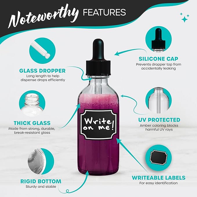 Nevlers 2 Oz Dropper & Spray Clear Glass Bottles w/Funnels, Cleaning Brushes, Label Stickers & Markers Bundle