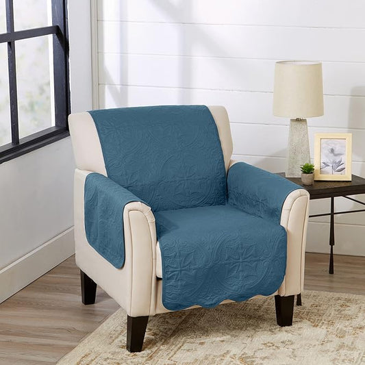 Great Bay Home Reversible Chair Cover - Washable Slipcover Furniture Protector with Elastic Straps - Furniture Cover for Dogs, Kids, and Pets - Quilted & Stitched Detail (Chair, Smoke Blue/Ivory)