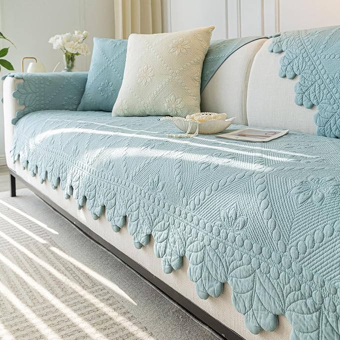 Cotton Quilted Dog Couch Cover for Sofa Farmhouse Rustic Embroidery Sectional Couch Cover Soft Anti-Slip Sofa Slipcover Furniture Protector for Kids, Pets (Blue,43"x63")