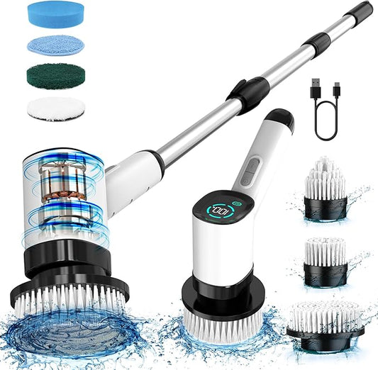 Electric Spin Scrubber - Electric Scrubber for Cleaning with 7 Replaceable Heads - Full-Body Waterproof Tub Scrubber with Long Handle - Electric Brush Cleaner for Bathroom