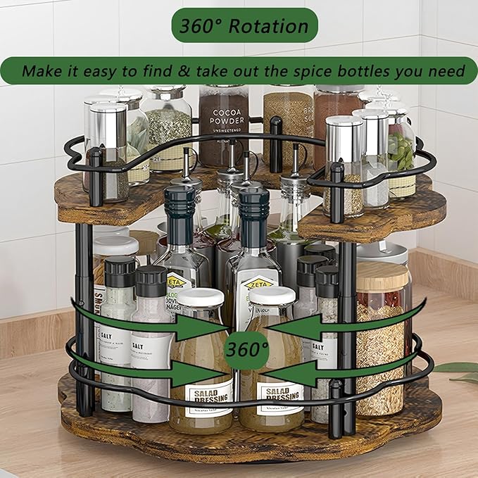 NCONCO 2 Tier Lazy Susan, Lazy Susan Turntable Cabinet with 3 Adjustable Heights Guard Rails Spice Rack for Countertop Kitchen Cabinet Pantry (Walnut)