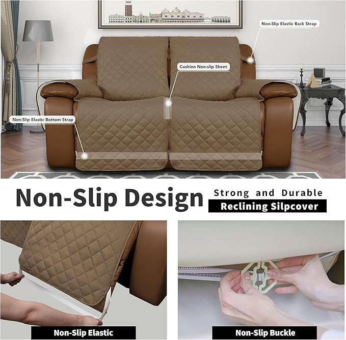 Easy-Going Oversized Loveseat Recliner Cover, Reversible Couch Cover for Double Recliner, Split Sofa Cover for Each Seat with Elastic Straps for Kids, Dogs, Pets(Oversized 2 Seater, Camel/Ivory)