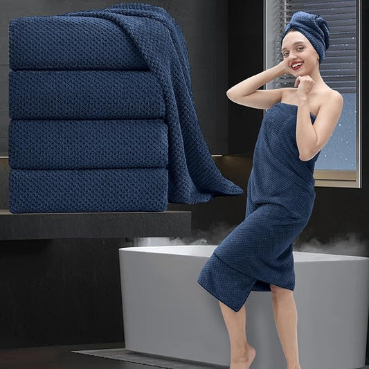 Bath Towel Set 4 Piece Oversized Bath Sheet 35"x70”Extra Large Bath Towel Soft Fluffy Microfibers Towel Set for Bathroom Hotel Highly Absorbent Quick Dry Bathroom Towel,600GSM Luxury Shower Towel Navy