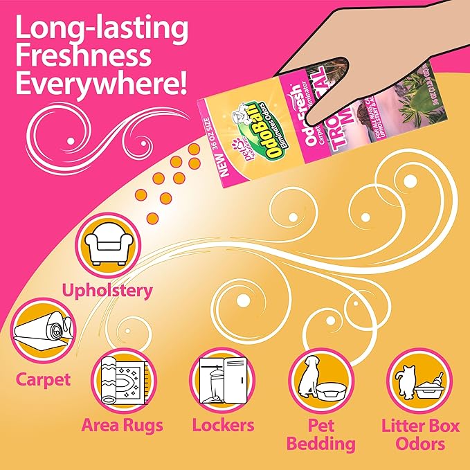 OdoBan OdoFresh Carpet and Room Deodorizer Powder for Home Smells and Odors Including Smoke, Pet Urine, Dogs, and Cat Litter, Made in the USA, Tropical Scent, 36 Ounces, Pack of 6