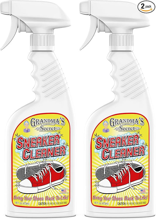 Grandma's Secret Sneaker Cleaner for Rubber, Canvas, Leather - Stain Remover Spray Removes Dirt, Grime, Grass - Shoes Cleaner for Outdoor Slippers, Moccasins - 16 oz, 2 Pack