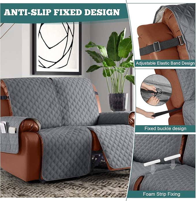 Ruaozz Waterproof Recliner Sofa Covers, 1-Piece Reclining Couch Covers Non-Slip Sofa Slipcover Washable Furniture Protector with Elastic Straps Pocket for Kids Pets (Dark Grey, XL 2 Seater)