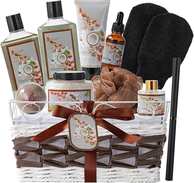 Valentines Day Gifts Coconut Almond spa kit, Bath and Body Gift Basket for Women & Men Spa Gift Basket,16 Pcs Bath Gift Set With Fragrant Lotion, Home Spa Luxurious Body Oil, Diffuser & More