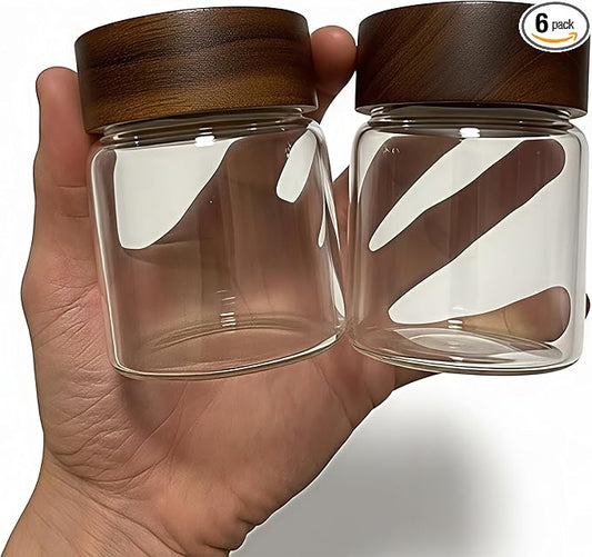 Wide Mouth Glass Storage Jars With 2.5" Acacia Wood Lids - 6 Pack of 6 Oz Food Storage Containers - Borosilicate Glass Canisters Sets For Kitchen - Pantry Organizers and Storage for Flour Rice Coffee
