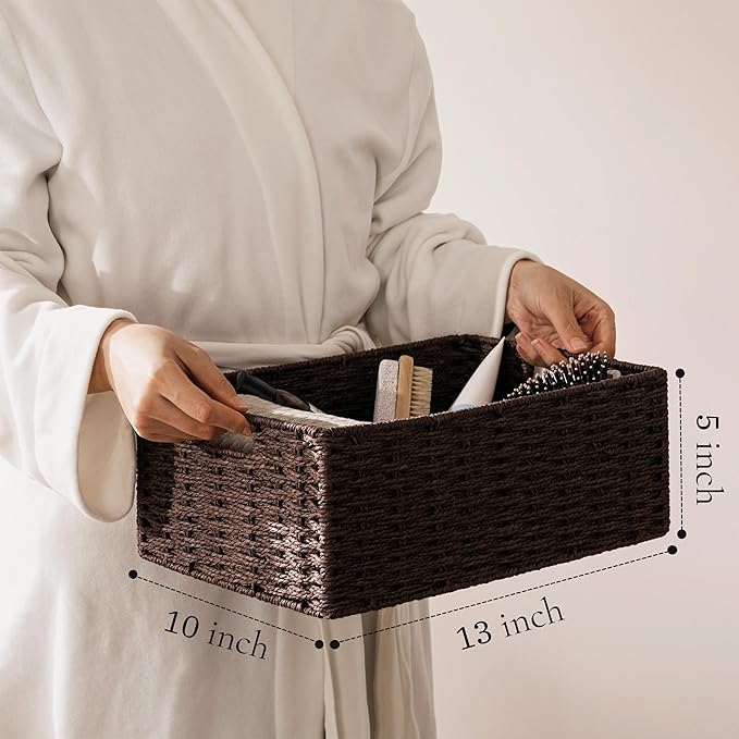 joybest Wicker Baskets, Woven Paper Rope Storage Baskets for Organizing, Foldable Rectangular Storage Organizer Bins for Shelves with Built-in Handles 13L x 10W x 5H inch, 4-pack Dark Brown