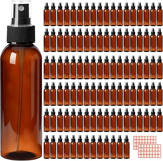 104 Pcs 4 Oz Plastic Mini Spray Bottles with Labels Refillable Travel Size Perfume Empty Bottle Amber Reusable Mist Sprayer for Cleaning Solutions Essential Oil Household Use