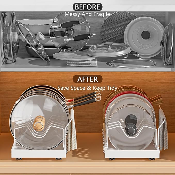 Pots and Pans Organizer Under Cabinet, Pull-out Pots and Pans Organizer, Under Cabinet Pot Lid Holder, Sliding type Pots and Pans Storage with 10 Adjustable Dividers & Handle Bracket - White