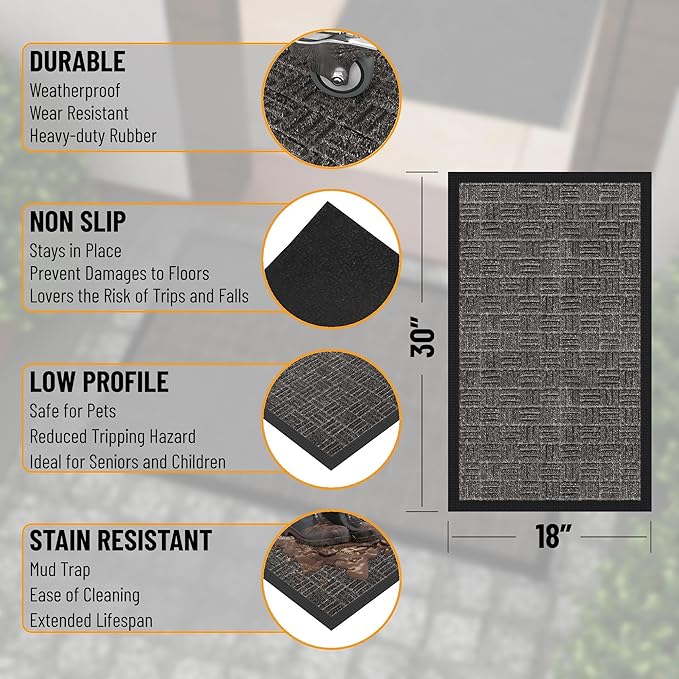 Sweet Home Stores Indoor/Outdoor Rug Ribbed Waterproof Design Multi-Purpose Rubber Mat, Perfect for Kitchens, Entryways, Living Rooms, Office, 18" x 30", Charcoal