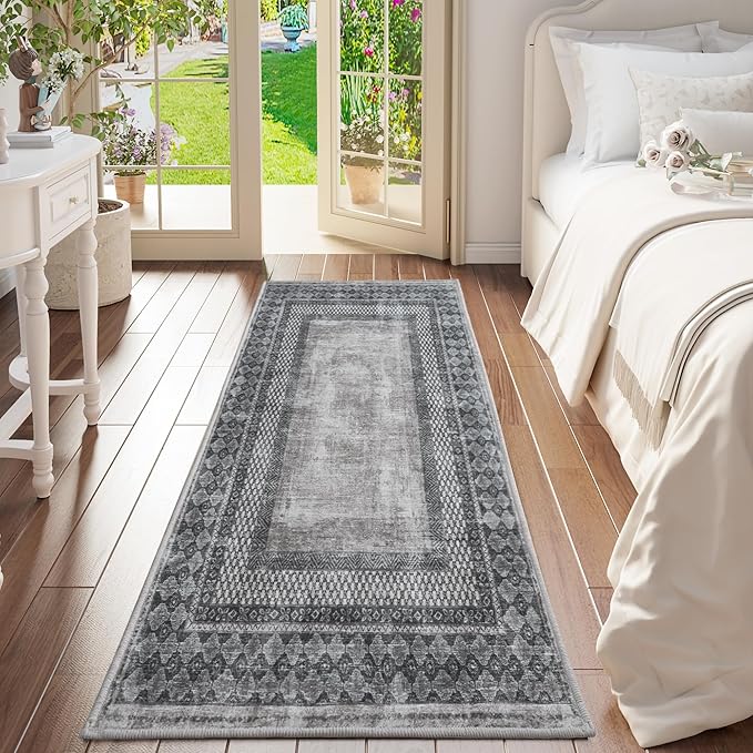 NICETOWN 2' x 6' Hallway Runner Rug, Machine Washable Thin Non-Slip 2x6 Grey Kitchen Runner Rug Soft Foldable Mysterious Tribal Bordered Indoor Mat for Bathroom Laundry Room，Grey