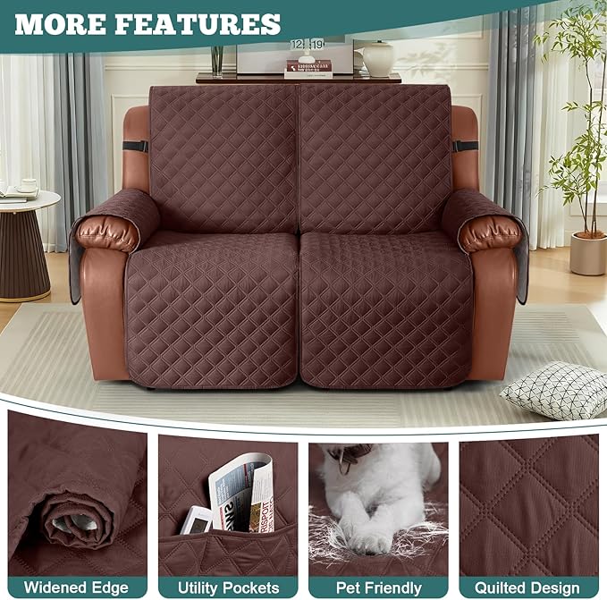 Ruaozz Waterproof Recliner Sofa Covers, 1-Piece Couch Covers for Reclining Couches Reclining Couch Cover Washable Furniture Protector with Elastic Straps Pocket for Kids Pets (Coffee, 2 Seater)