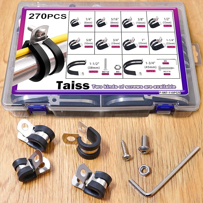 Taiss 270PCS Cable Clamps Assortment Kit,304 Stainless Steel Rubber Cushion Insulated Wire Pipe Clamps,10 Sizes 1/4" 5/16" 3/8" 1/2" 5/8" 3/4" 1" 1-1/4" 1-1/2" 1-3/4" Loop Clamps With screws